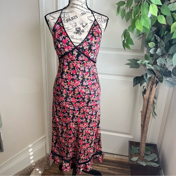 Express Dresses & Skirts - Express Y2K Silk Halter Floral Ruffle Hem Slip Dress Black Red Sz 7/8